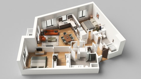 a 3d floor plan of a 1 bedroom apartment